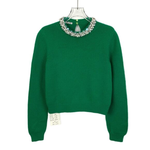Miu Miu Sweaters - Miu Miu Green Beaded Cashmere Crew Neck Long Sleeve Knit Sweater